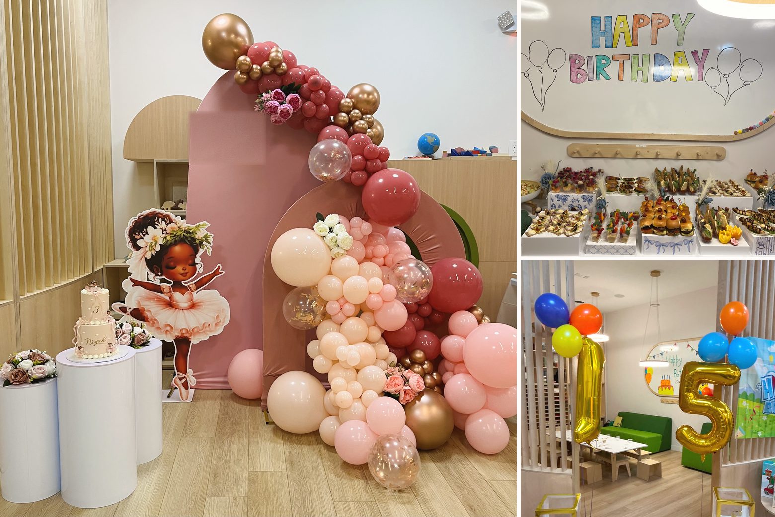 A Boogles Playhouse birthday — a styled balloon garland and tiered birthday cake, an abundant dessert table, and balloon décor in the Playhouse